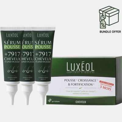 Luxéol hair growth serum tubes and supplement packaging with a bundle offer icon.