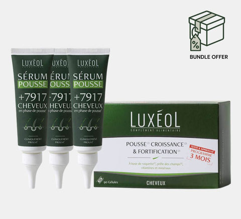 Luxéol hair growth serum tubes and supplement packaging with a bundle offer icon.