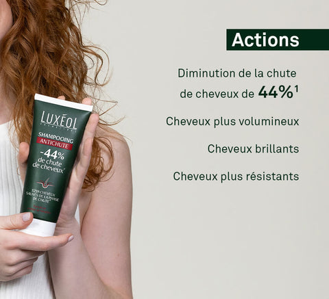 Holding Anti‑Hair Loss Shampoo highlighting less hair fall, more volume, shine, and strength.