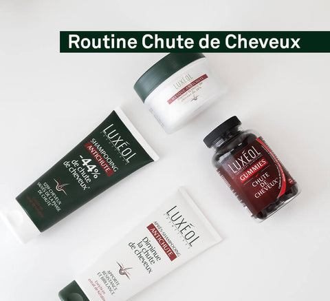 Routine flat lay with Anti‑Hair Loss Shampoo and complementary Luxéol products for anti‑fall routine.