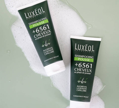 Luxéol Hair Density Shampoo with outer box on green background.
