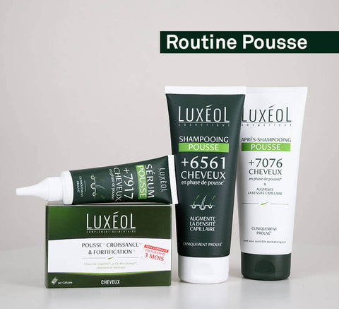 Hair growth routine set – Luxéol shampoo, lotion, and mask.