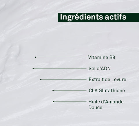 Ingredient texture with biotin (Vitamin B8), sodium DNA, yeast extract, CLA glutathione, sweet almond oil.