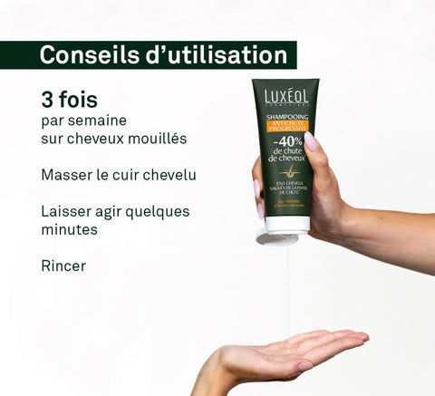 Usage tips image: apply 3 times per week to wet hair, massage, leave 3 minutes, rinse.