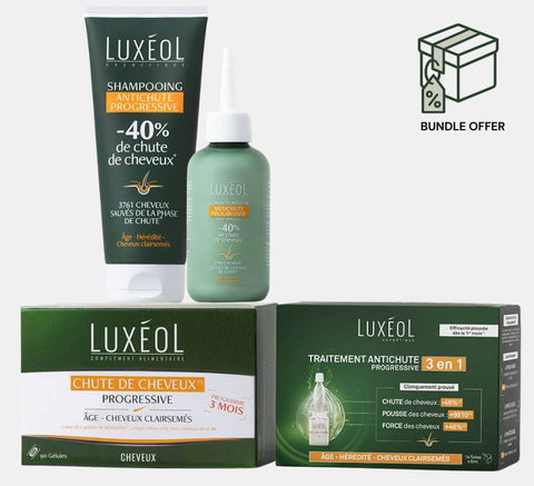 Luxéol hair care products including shampoo, conditioner, and treatment packaging on a white background for progressive hair loss