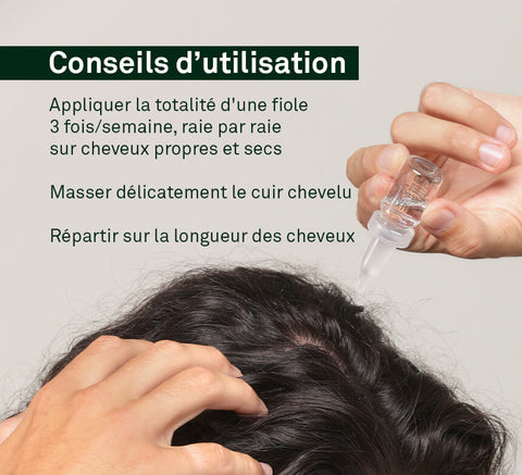 Usage tips image: apply entire vial section by section to clean, dry hair, massage scalp, distribute to lengths, use 3 times weekly.