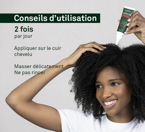 Usage visual: apply to dry scalp twice per day, gentle massage, do not rinse.