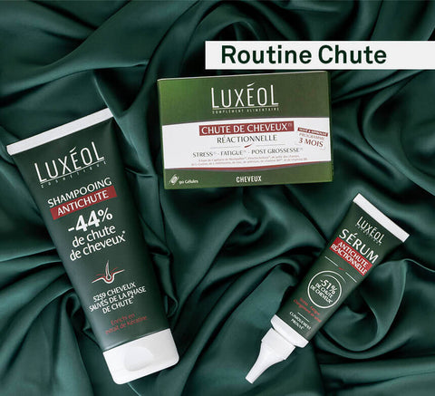 Anti‑hair loss routine flat lay with Serum, Anti‑Hair Loss Shampoo, and Reactive Hair Loss capsules.