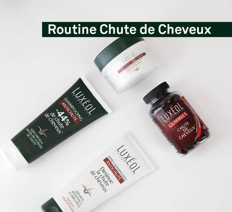 Anti‑hair loss routine flat lay with Conditioner, Shampoo, and Capsules for complete program.