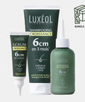 Luxéol hair growth routine products including shampoo, serum, and conditioner on a white background.