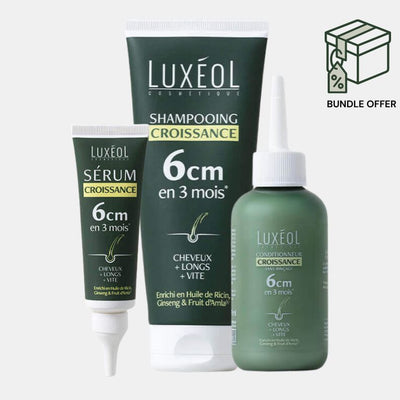 Luxéol hair growth routine products including shampoo, serum, and conditioner on a white background.