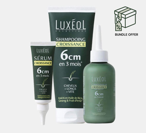 Luxéol hair growth routine products including shampoo, serum, and conditioner on a white background.