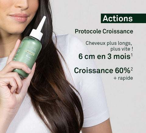 Model applying Luxéol Growth Conditioner for longer hair, 3 times per week routine.
