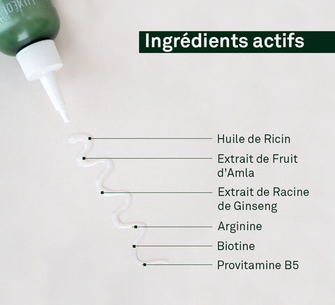 Close-up of active ingredients list: biotin, gluconolactone, lilac cell extract, arginine notes.