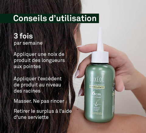 Usage tips visual: apply after shampoo to towel-dried hair, massage from scalp to ends, no rinse.
