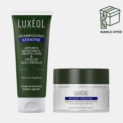 Luxéol shampoo and mask bundle on a white background Keratine range