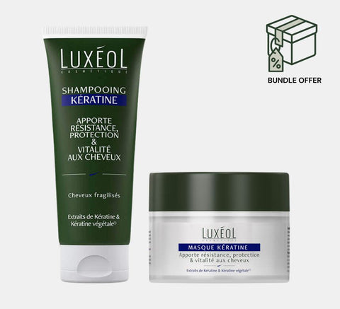 Luxéol shampoo and mask bundle on a white background Keratine range