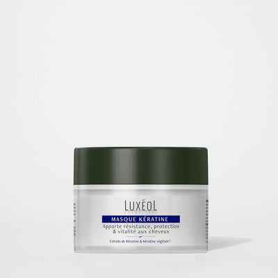Luxéol Keratin Mask 200 ml jar on minimal background for deep repair and strength.