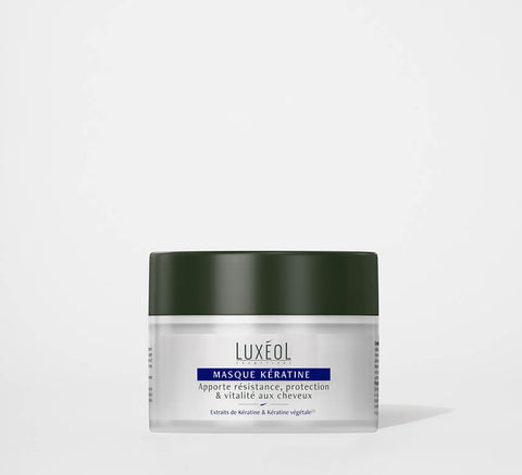 Luxéol Keratin Mask 200 ml jar on minimal background for deep repair and strength.
