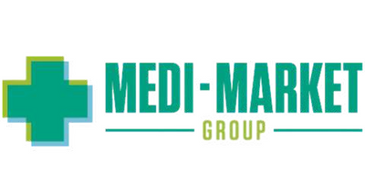 Medi-Market Groupi logo rohelise ristiga valgel taustal