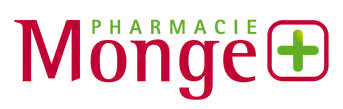 Pharmacie Monge logo punase teksti ja rohelise plussmärgiga valgel taustal