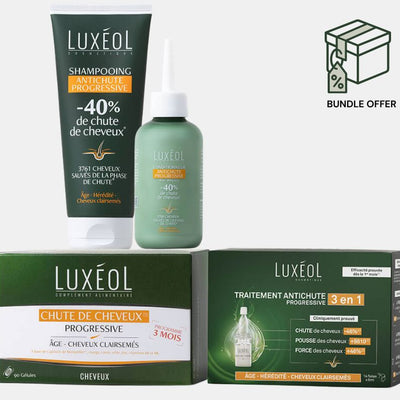 Luxéol hair care products including shampoo, conditioner, and treatment packaging on a white background for progressive hair loss